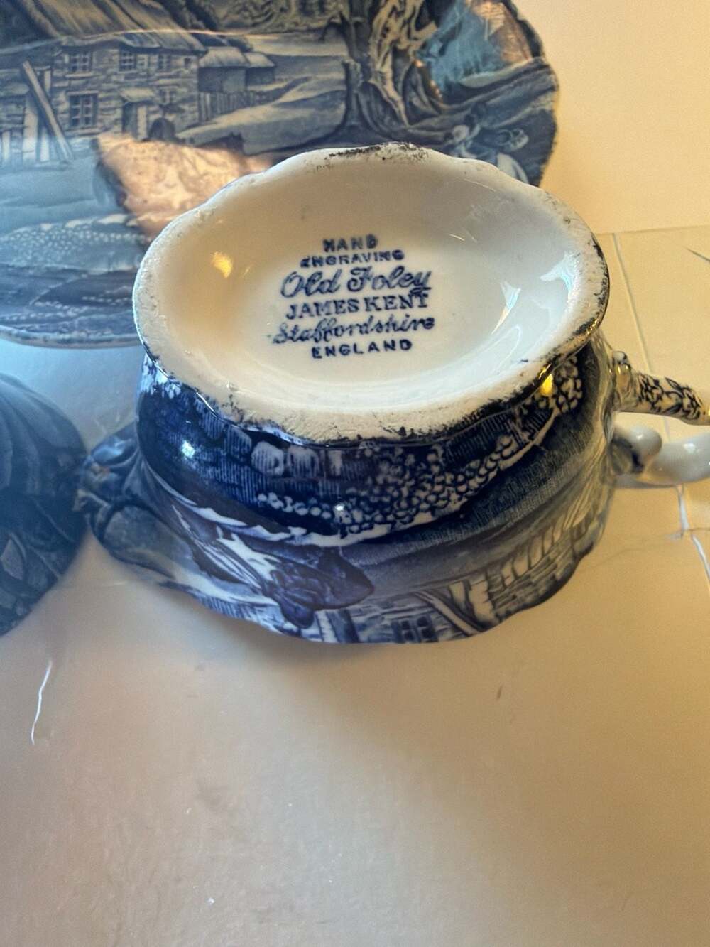 James Kent Old Foley Blue and White Rural Scenes Creamer, Sugar Bowl, and Tray S - Picture 3 of 4